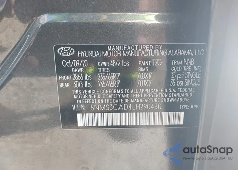 2020 Hyundai Santa Fe Sel z USA, uszkodzony, nr VIN 5NMS3CAD4LH290430